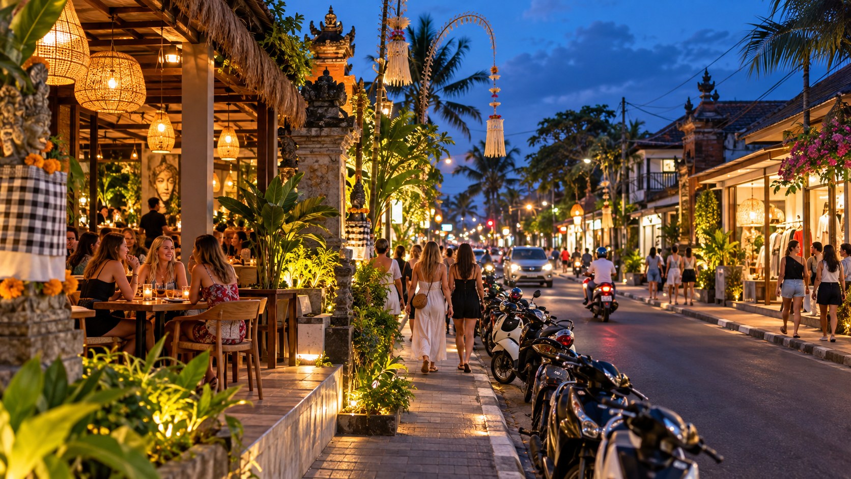 A well-lit Bali street at dusk — AI editorial illustration