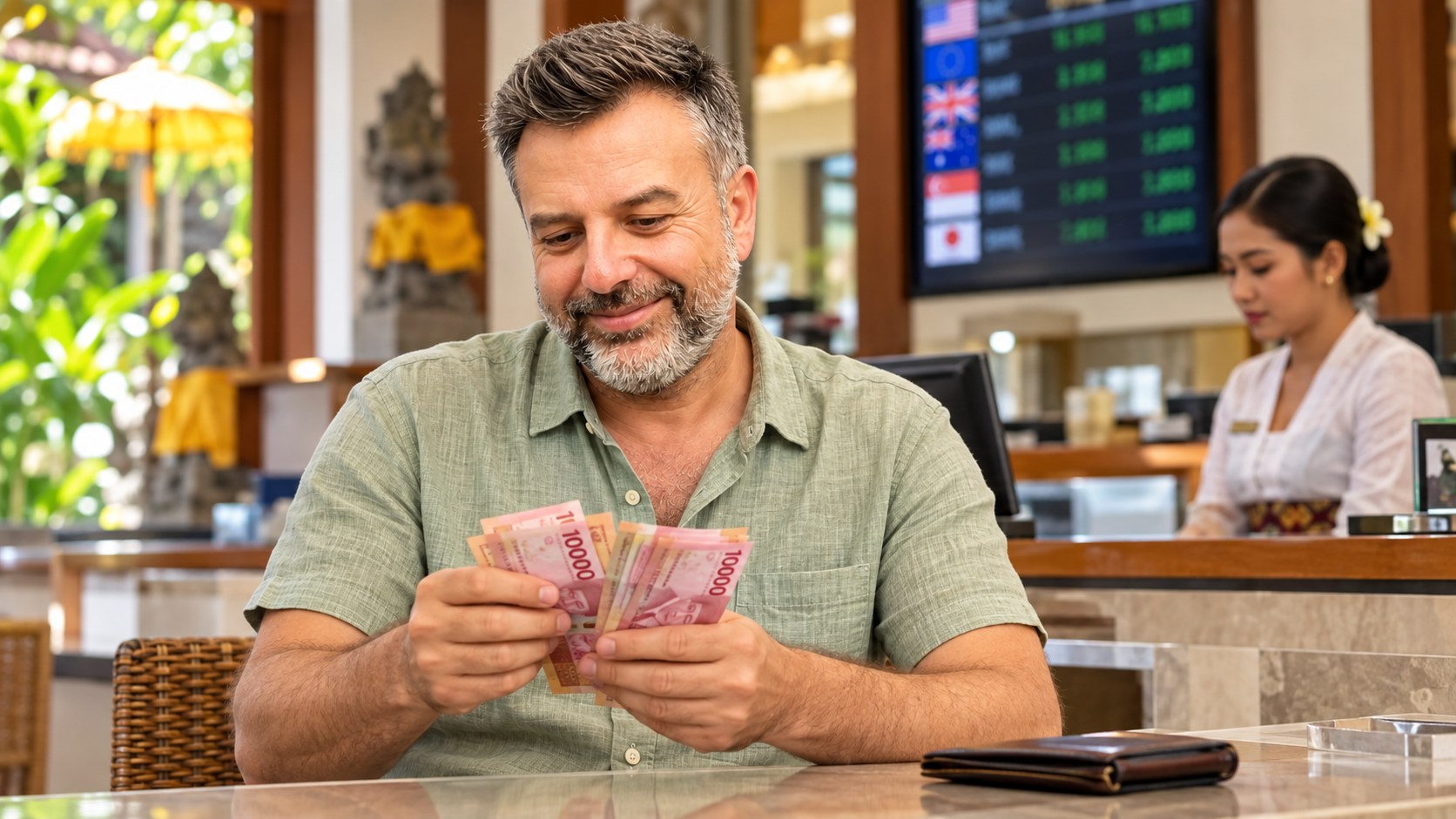 Emre Konuralp counting rupiah at a currency exchange — AI editorial illustration