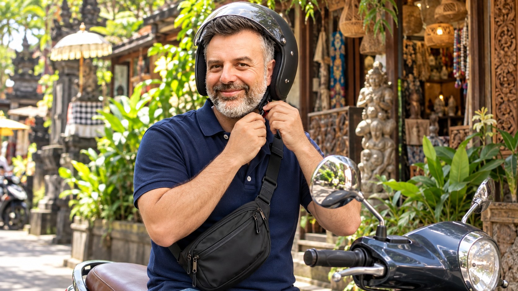 Emre Konuralp fastening a helmet beside a parked scooter — AI editorial illustration