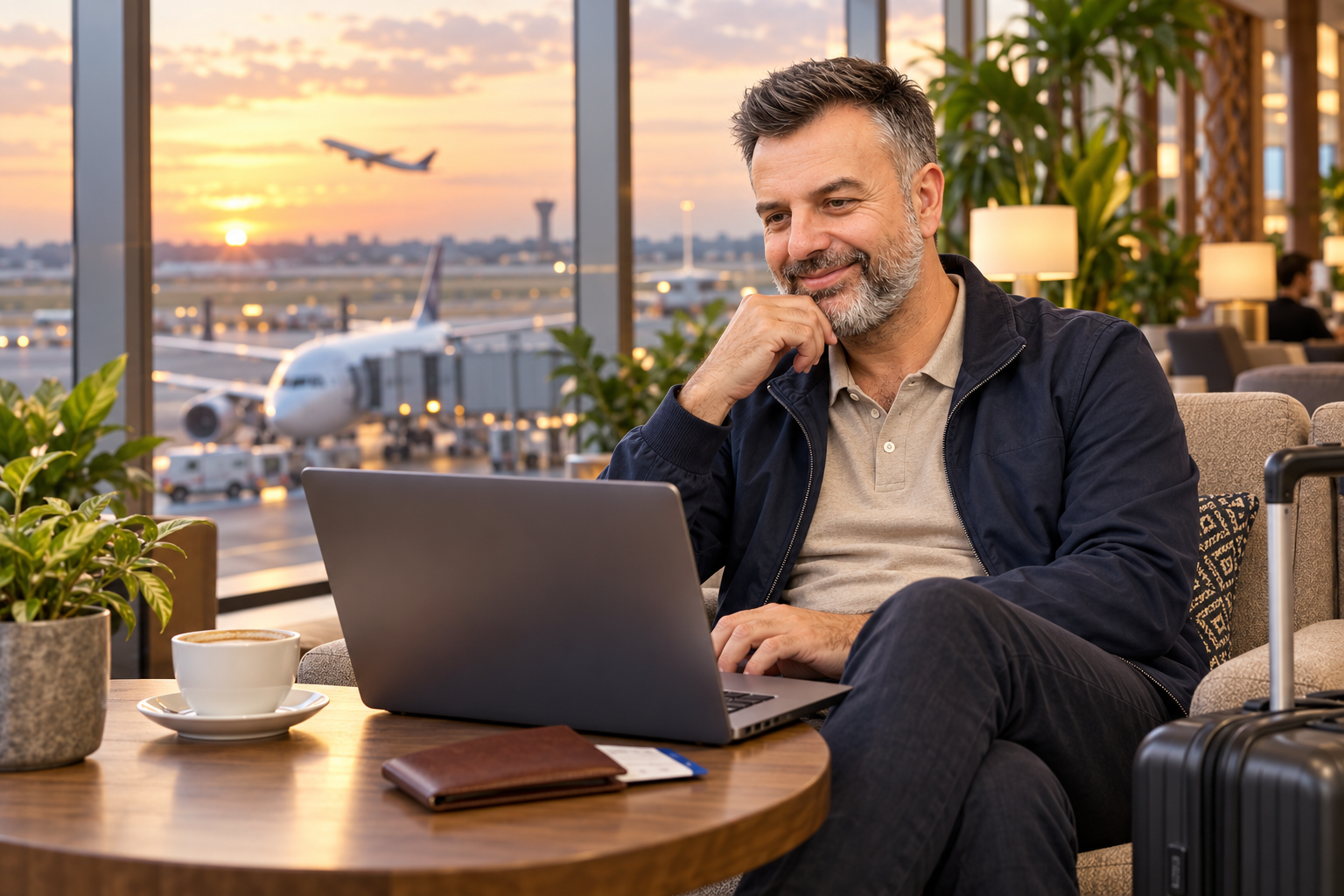 Emre Konuralp comparing connecting flight options to Bali in an airport lounge