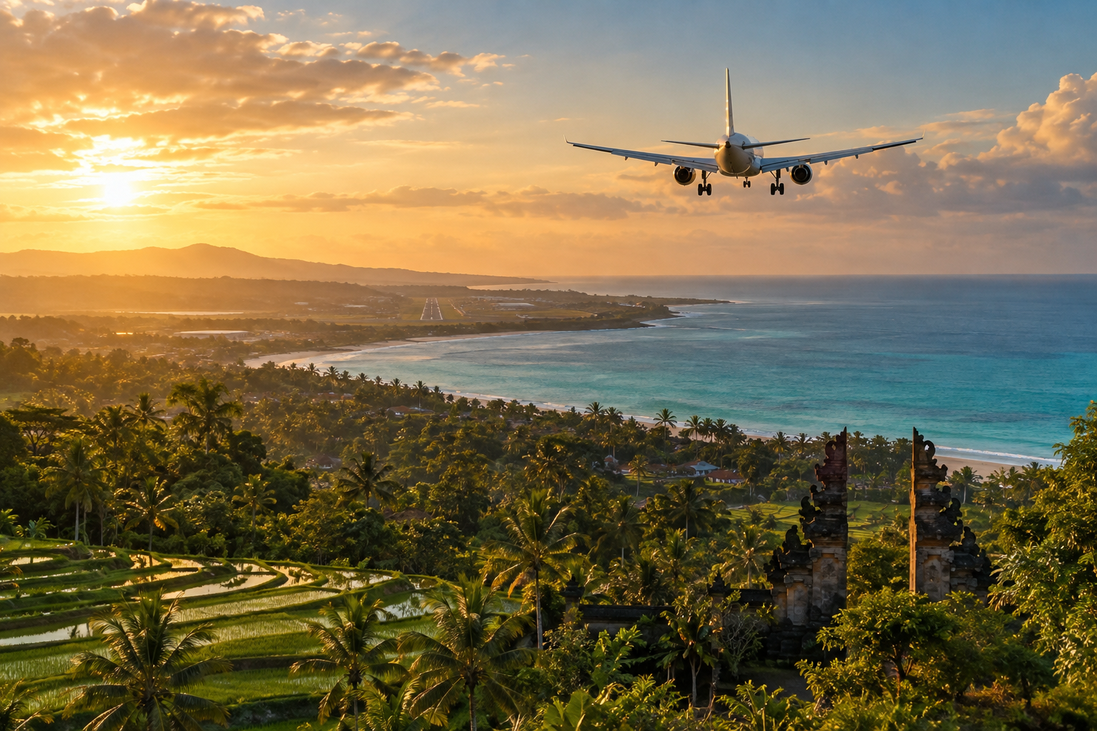 Passenger aircraft arriving over Bali's tropical coastline at sunset