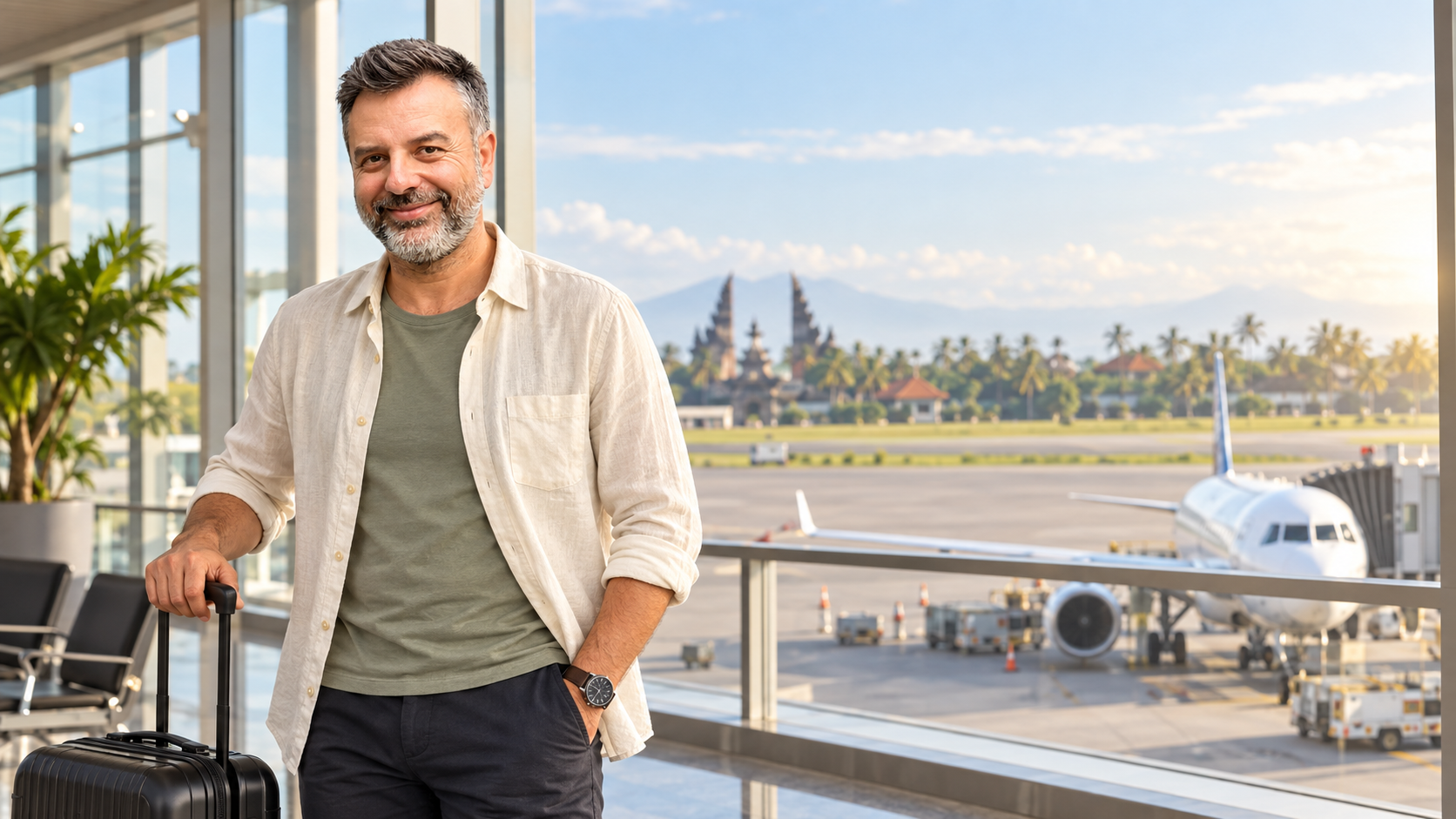 Emre Konuralp at the airport for the aJourney Flights to Bali guide