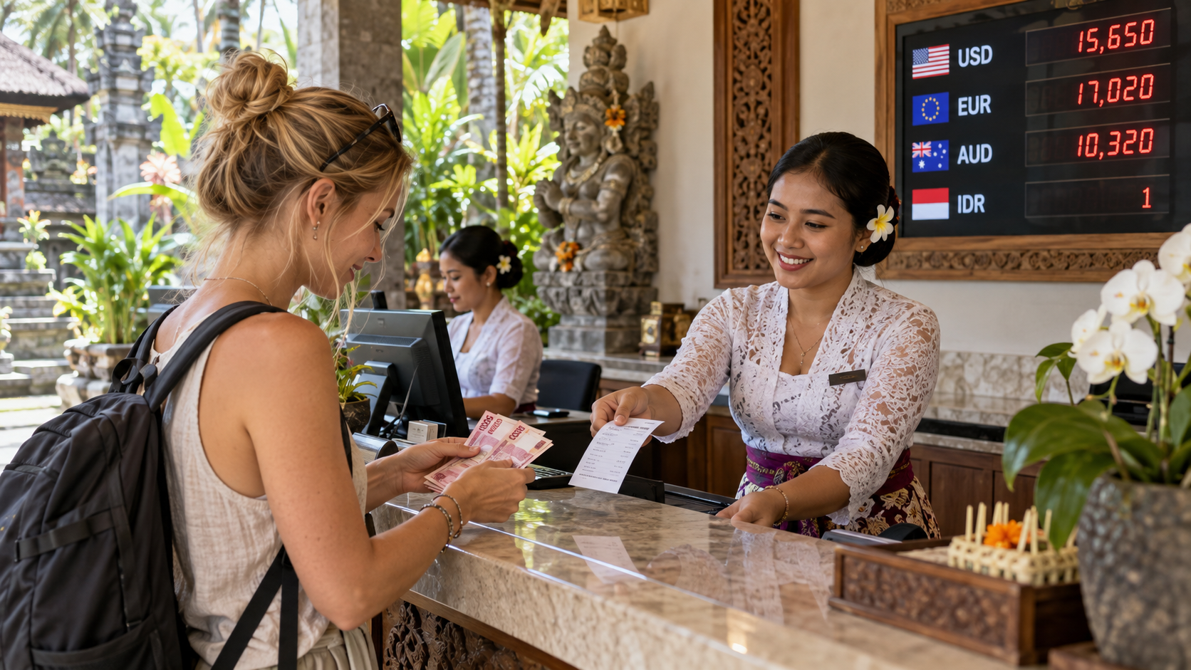 A reputable money changer providing a receipt in Bali