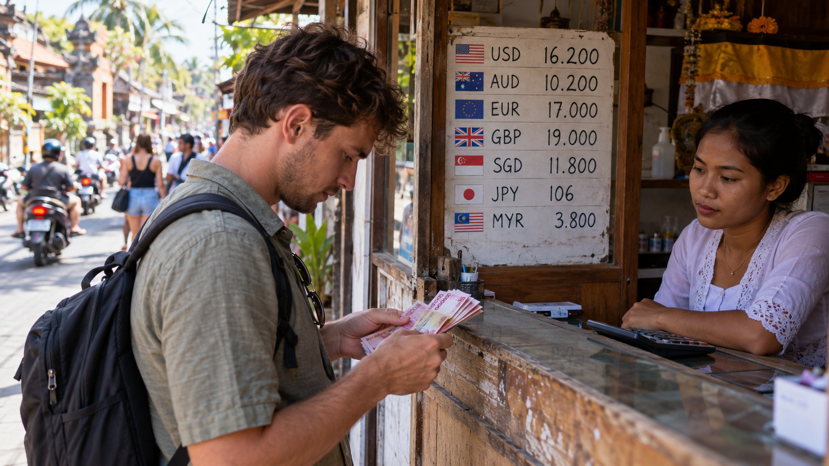 A traveller carefully counting rupiah at a small roadside money changer in Bali