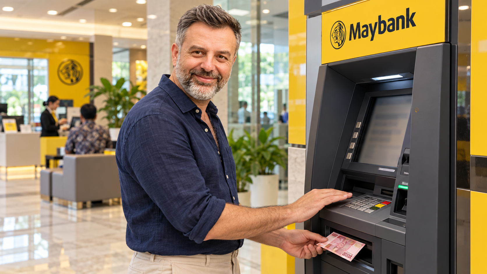 Emre Konuralp withdrawing Indonesian rupiah from a Maybank ATM in Bali