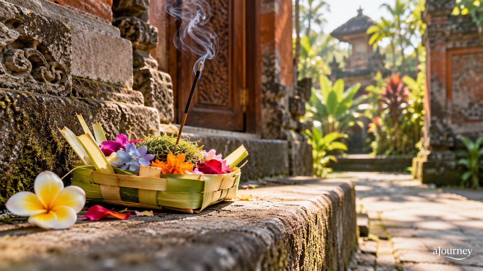 AI illustration: A canang sari flower offering with incense beside a Balinese doorway