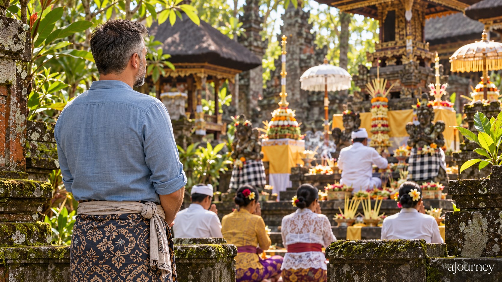 AI illustration: Emre Konuralp seen from behind observing a Balinese ceremony from a distance
