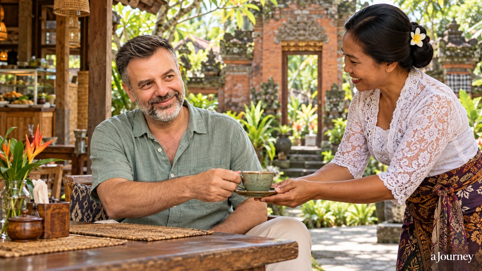 AI illustration: Emre Konuralp accepting tea with his right hand in a Balinese courtyard