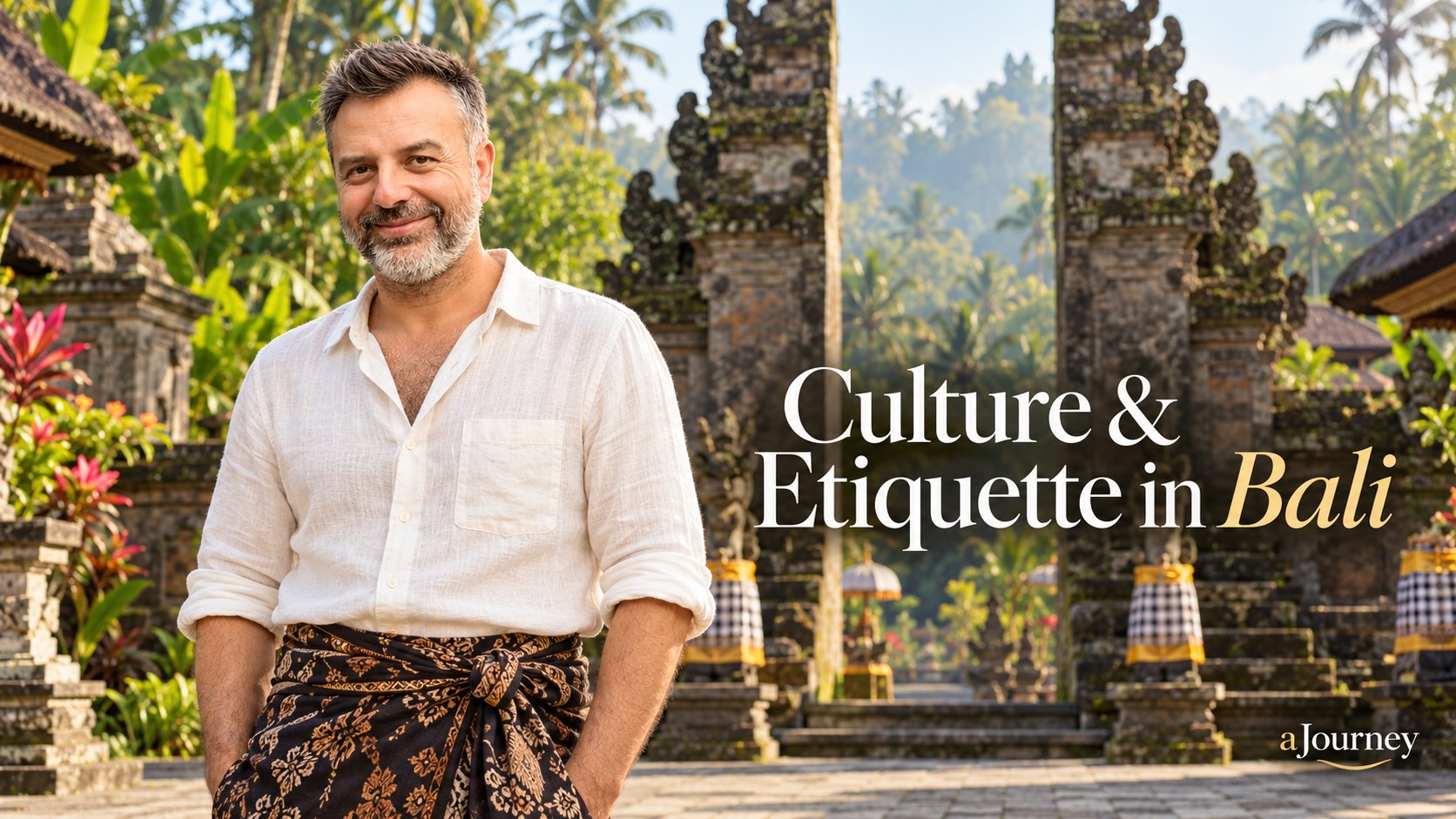 Illustration of Emre Konuralp in a sarong and sash in a Balinese temple courtyard