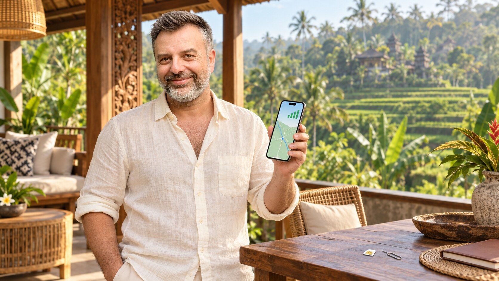 Emre Konuralp using a smartphone with a local Bali SIM card in an open-air Ubud setting