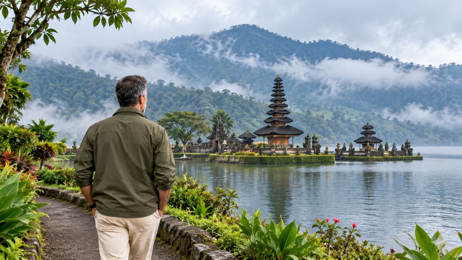 Emre Konuralp viewed from behind at misty Lake Beratan in Bedugul
