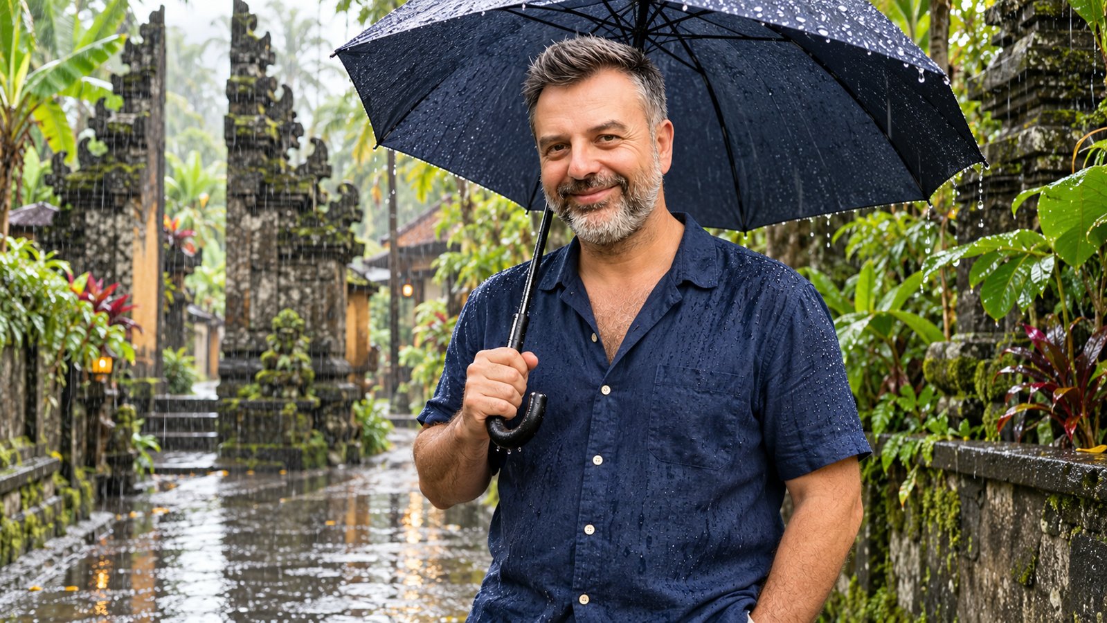 Emre Konuralp with an umbrella during tropical rain in Ubud