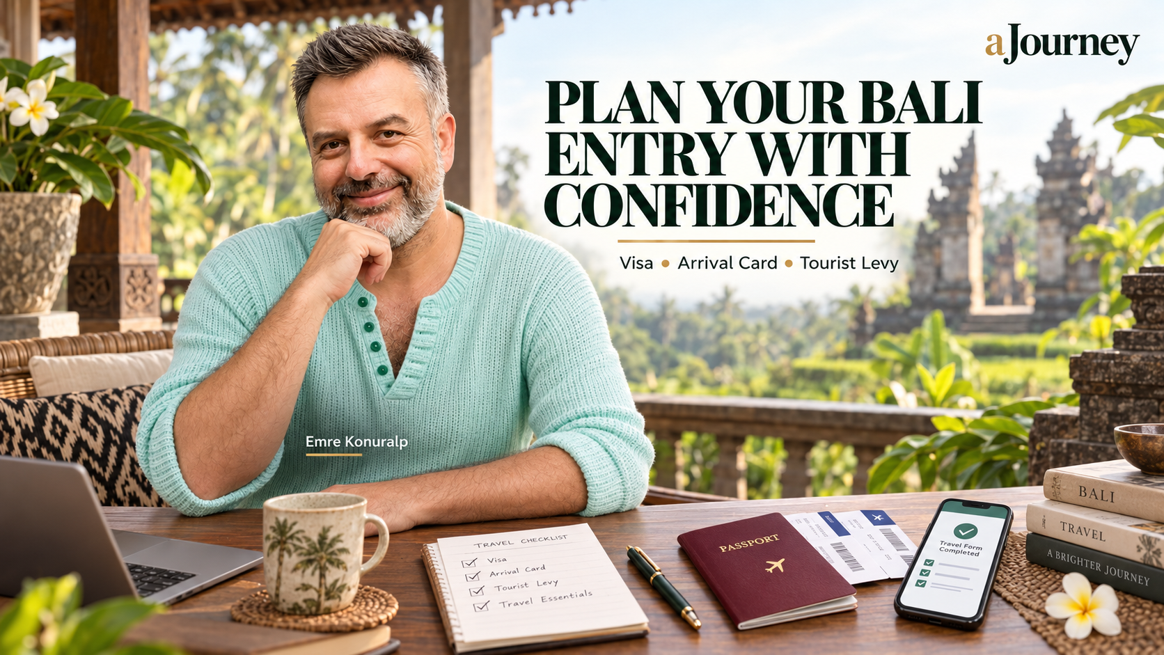 Emre Konuralp with a Bali visa, arrival card and tourist levy travel checklist by aJourney