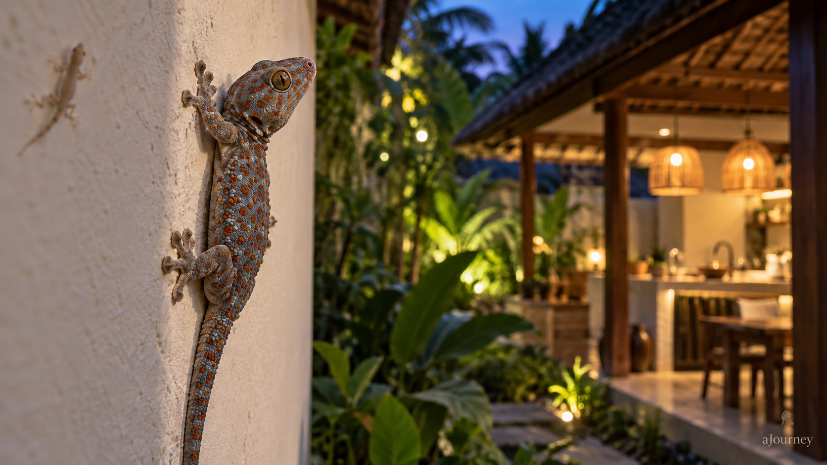 Tokay gecko on a Bali villa wall — AI editorial illustration