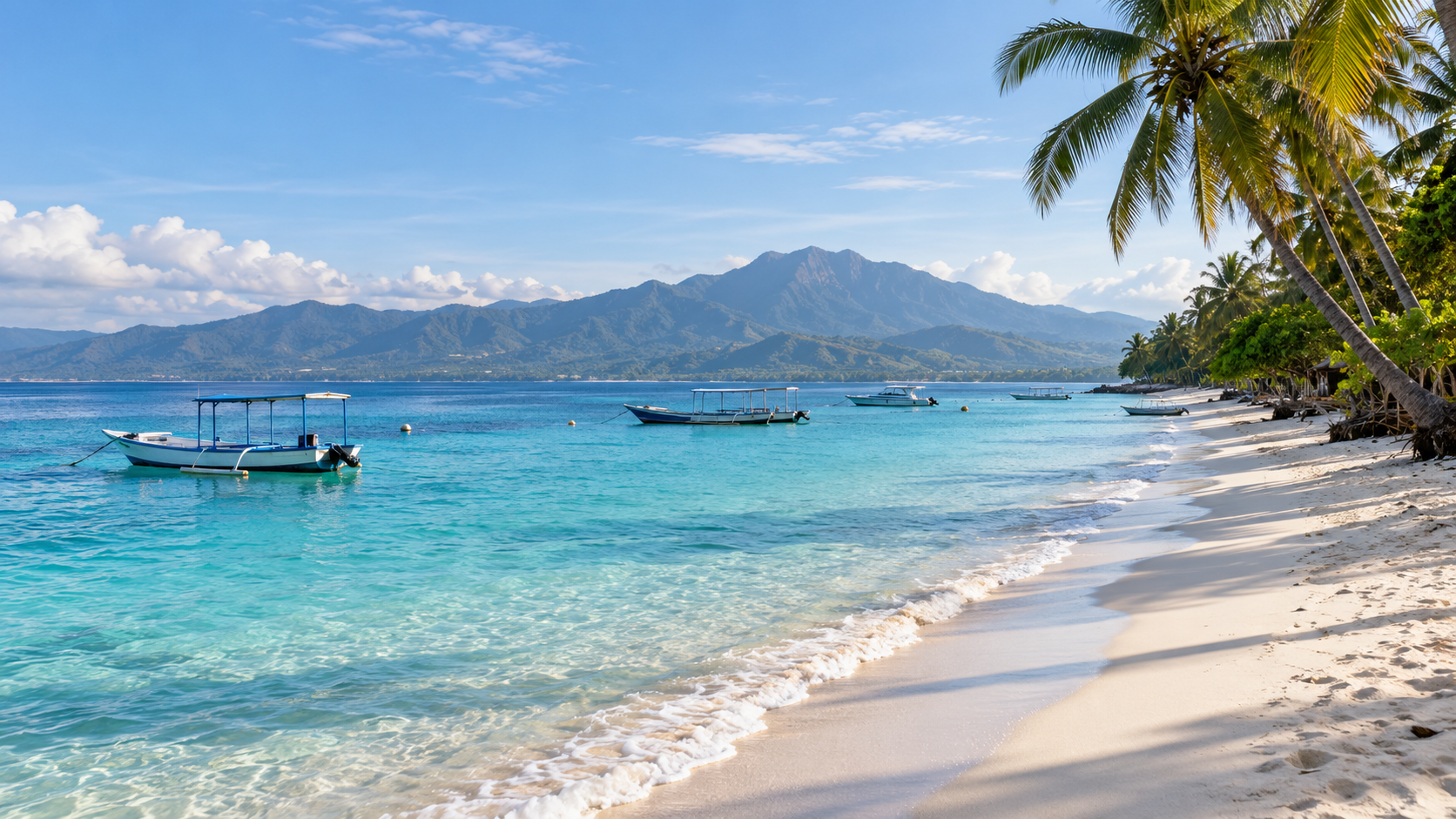 Gili Air beach and boats with Lombok in the distance — AI editorial illustration