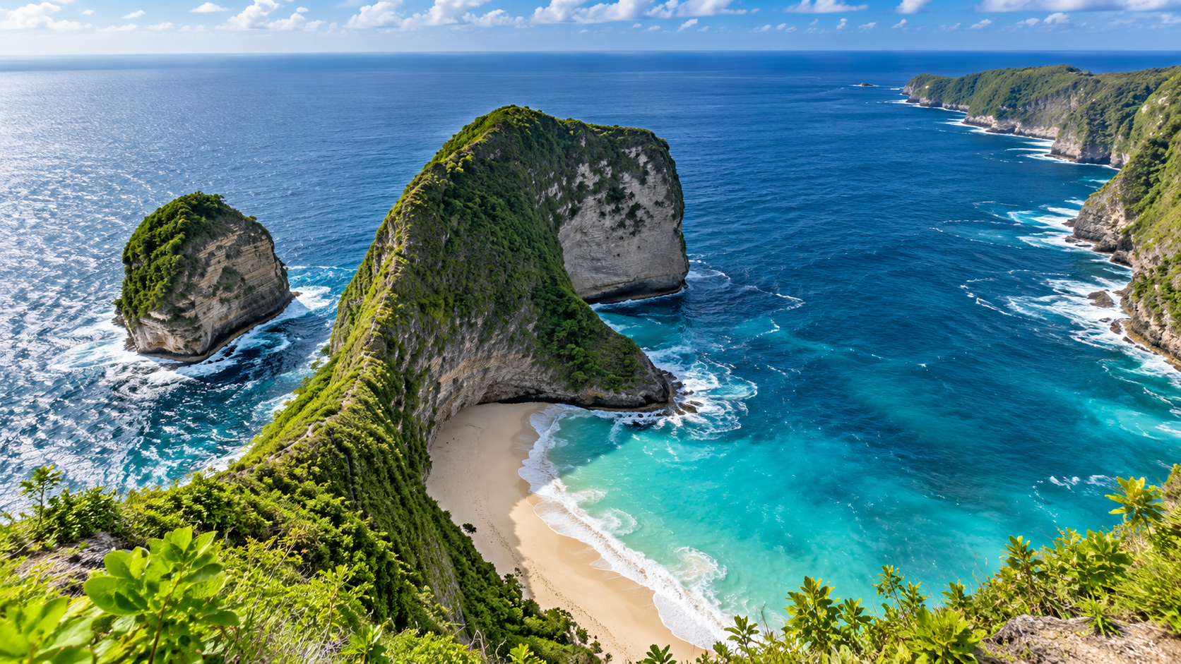Kelingking cliffs and turquoise sea on Nusa Penida — AI editorial illustration