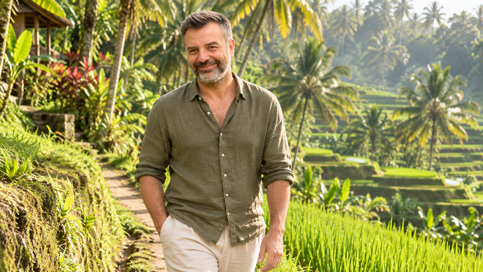 Emre Konuralp walking among Ubud rice terraces — AI editorial illustration