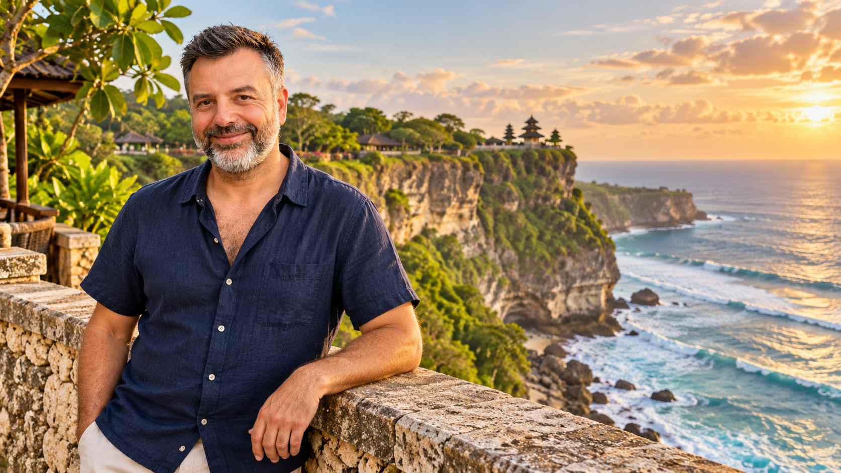 Emre Konuralp overlooking the ocean in Uluwatu — AI editorial illustration
