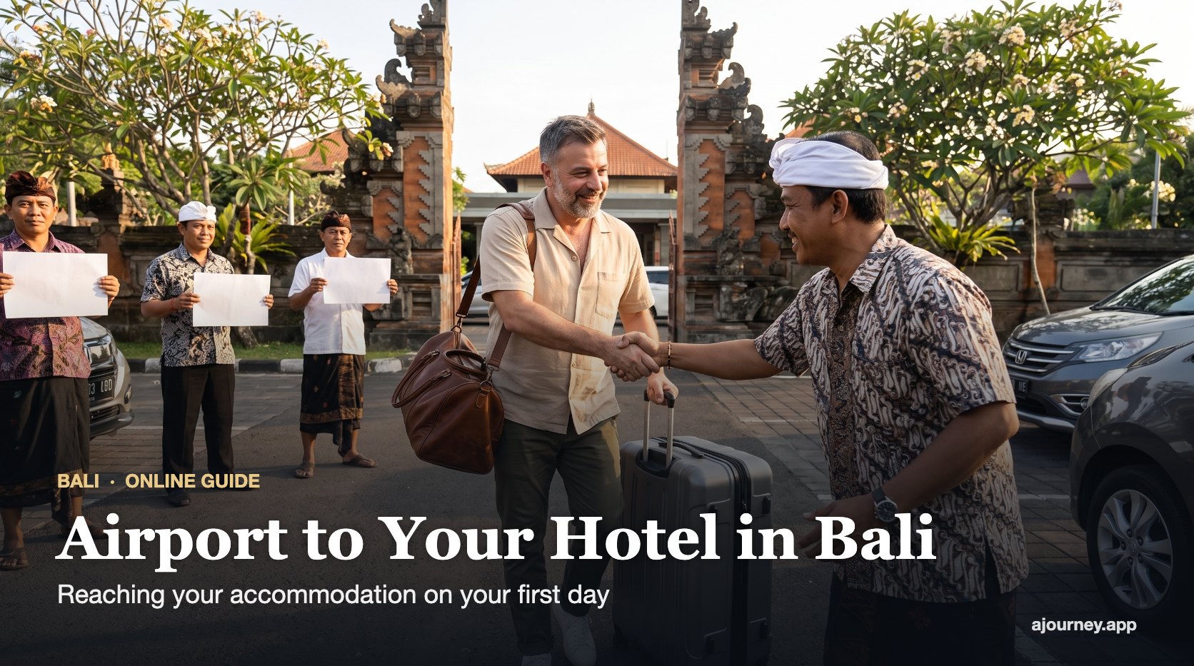 Airport to Your Hotel in Bali guide cover: Emre Konuralp meeting his pre-arranged driver outside Ngurah Rai airport — AI editorial illustration