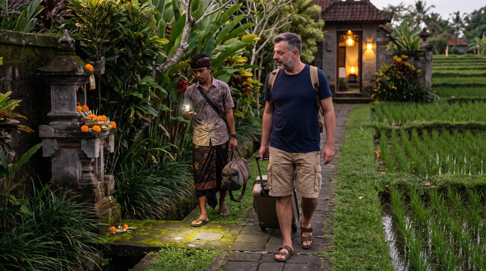 Emre Konuralp walking down a narrow path to his villa near Ubud while a staff member helps with his luggage — AI editorial illustration