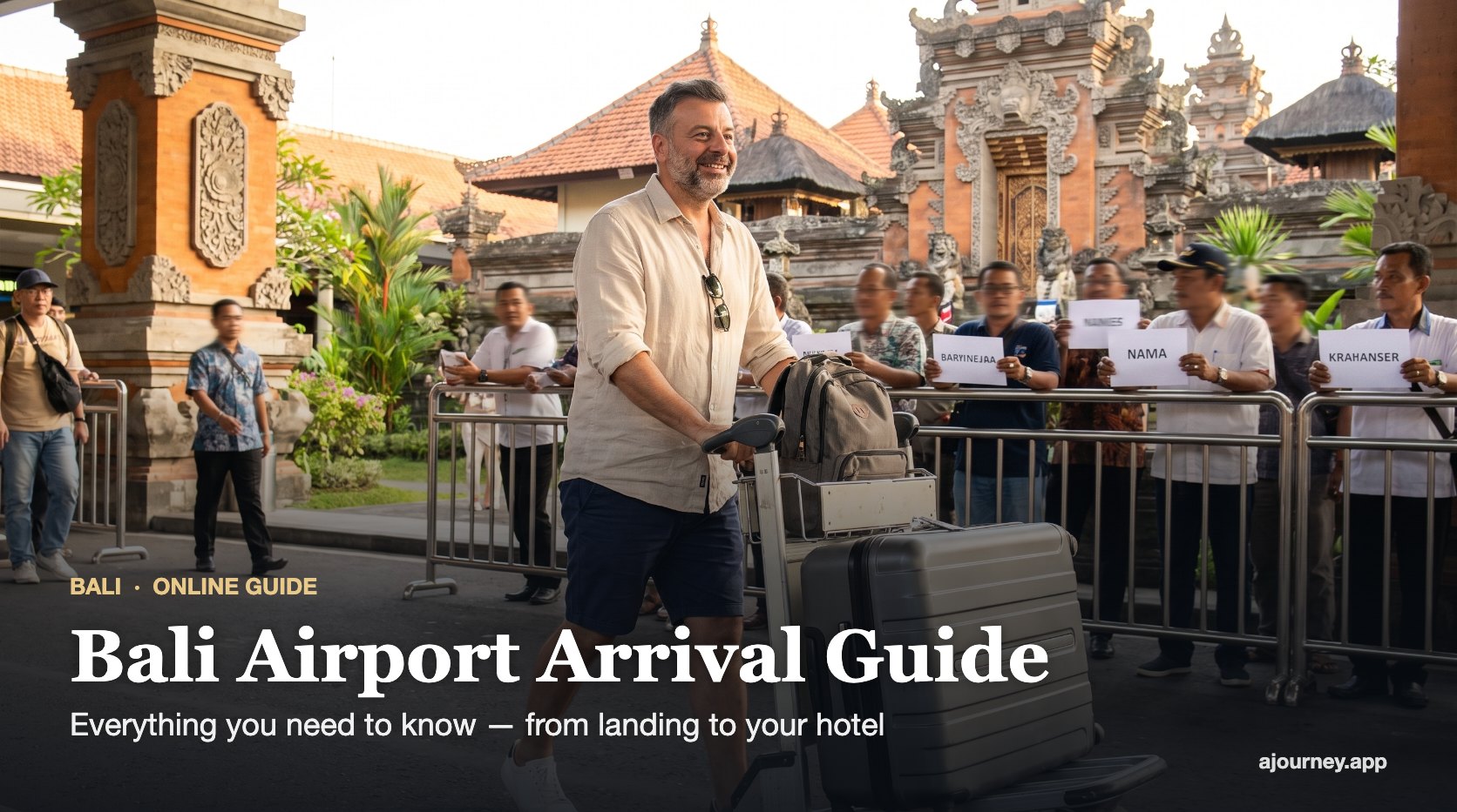 Bali Airport Arrival Guide cover: Emre Konuralp leaving the arrivals area at Ngurah Rai International Airport with a luggage trolley — AI editorial illustration