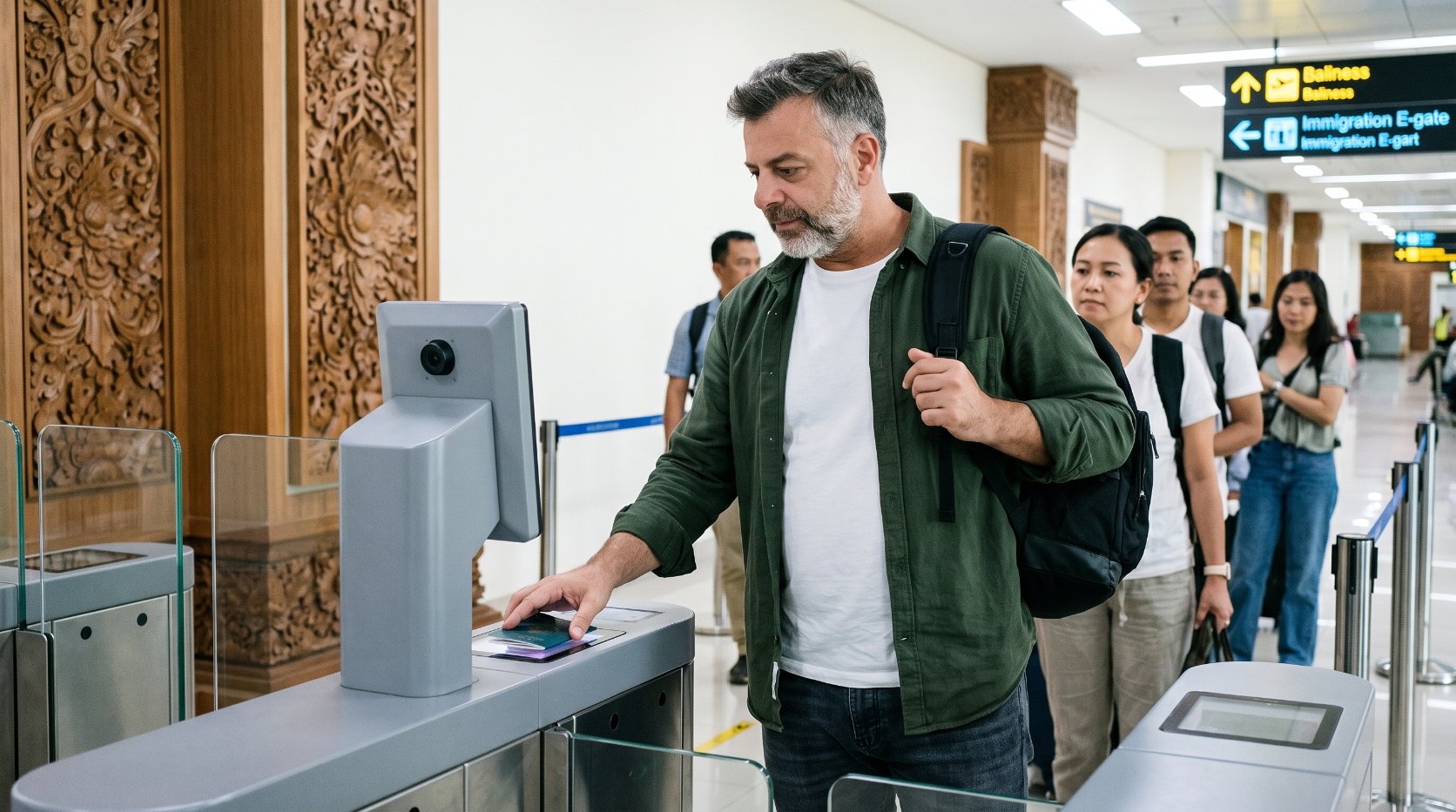 Emre Konuralp mentre scansiona il proprio passaporto presso un varco elettronico automatico per il controllo dell'immigrazione all'aeroporto di Bali — Illustrazione editoriale realizzata con l'intelligenza artificiale