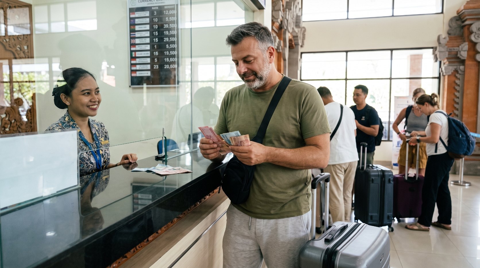 Emre Konuralp exchanging money at a currency exchange counter in the Bali airport arrivals hall — AI editorial illustration