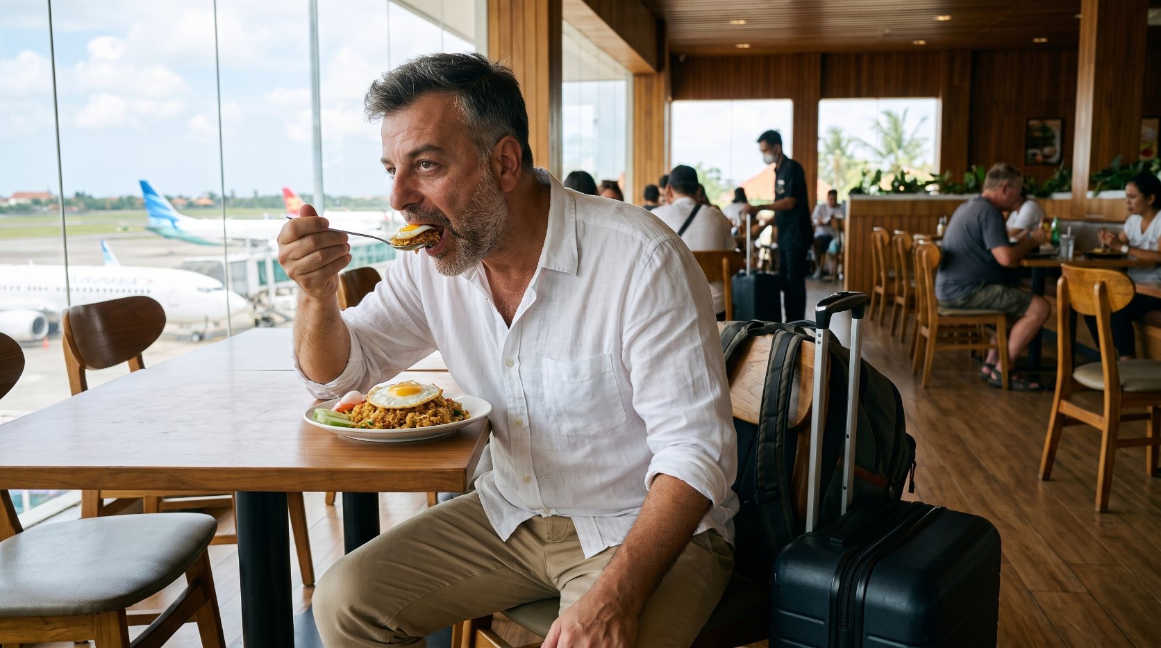Emre Konuralp eating at a restaurant on the upper floor of Bali airport before the drive to his hotel — AI editorial illustration
