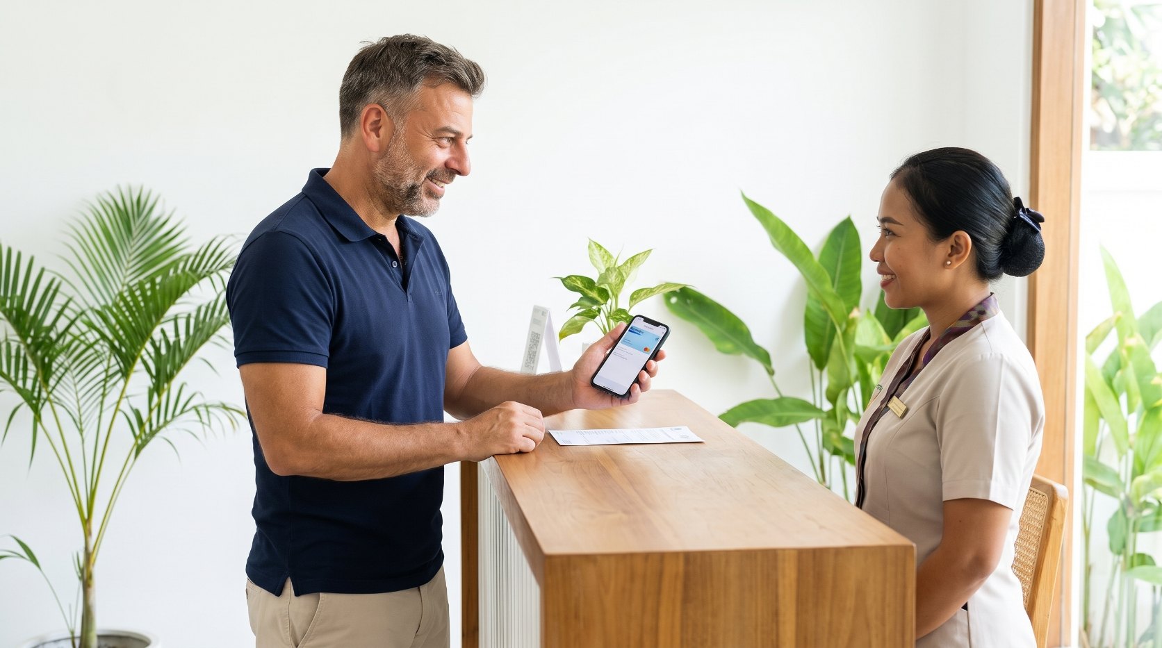 Emre Konuralp showing his insurance details at a private clinic reception in Bali — AI editorial illustration