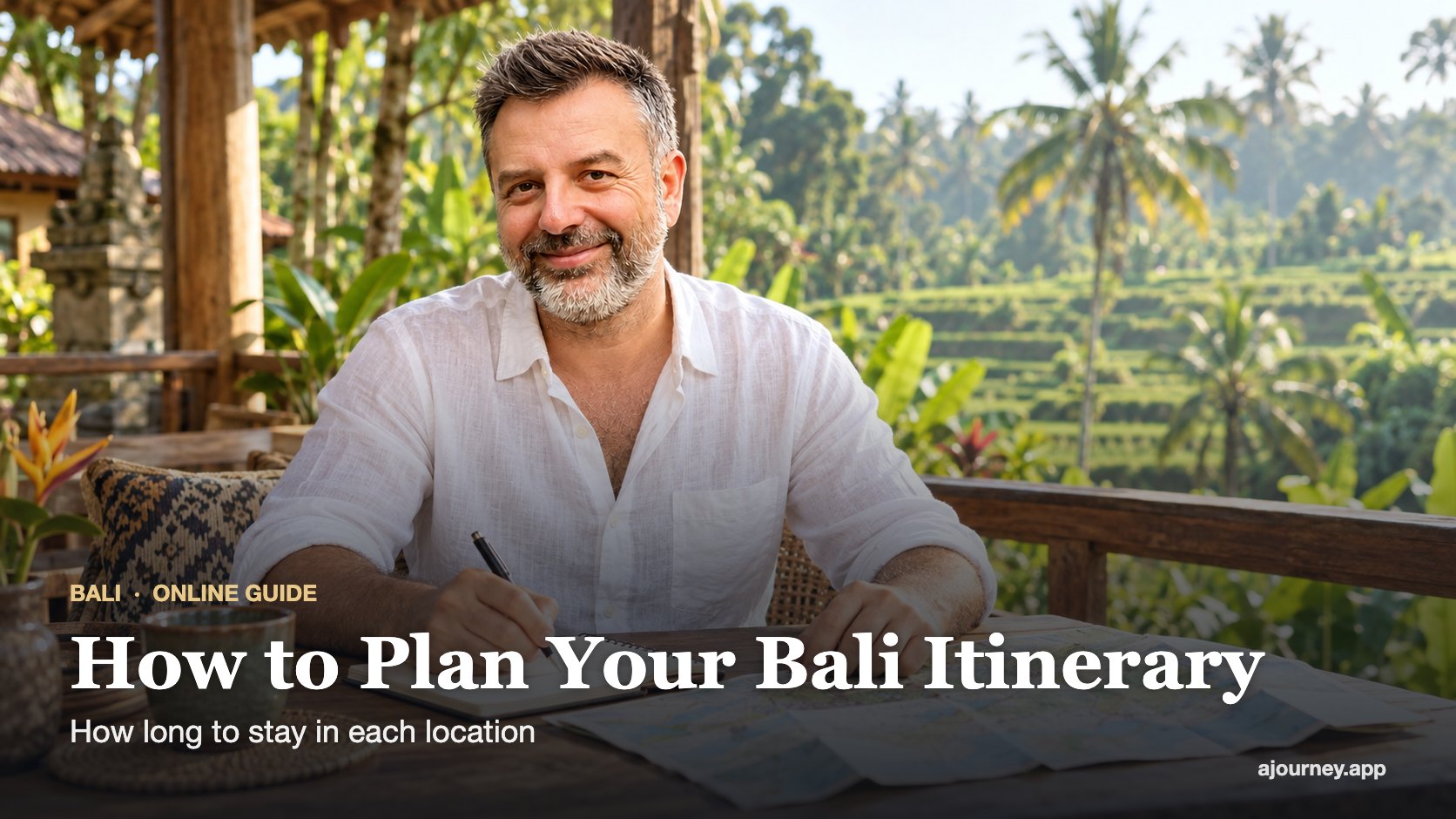 How to Plan Your Bali Itinerary guide cover featuring Emre Konuralp planning his trip in Ubud — AI editorial illustration