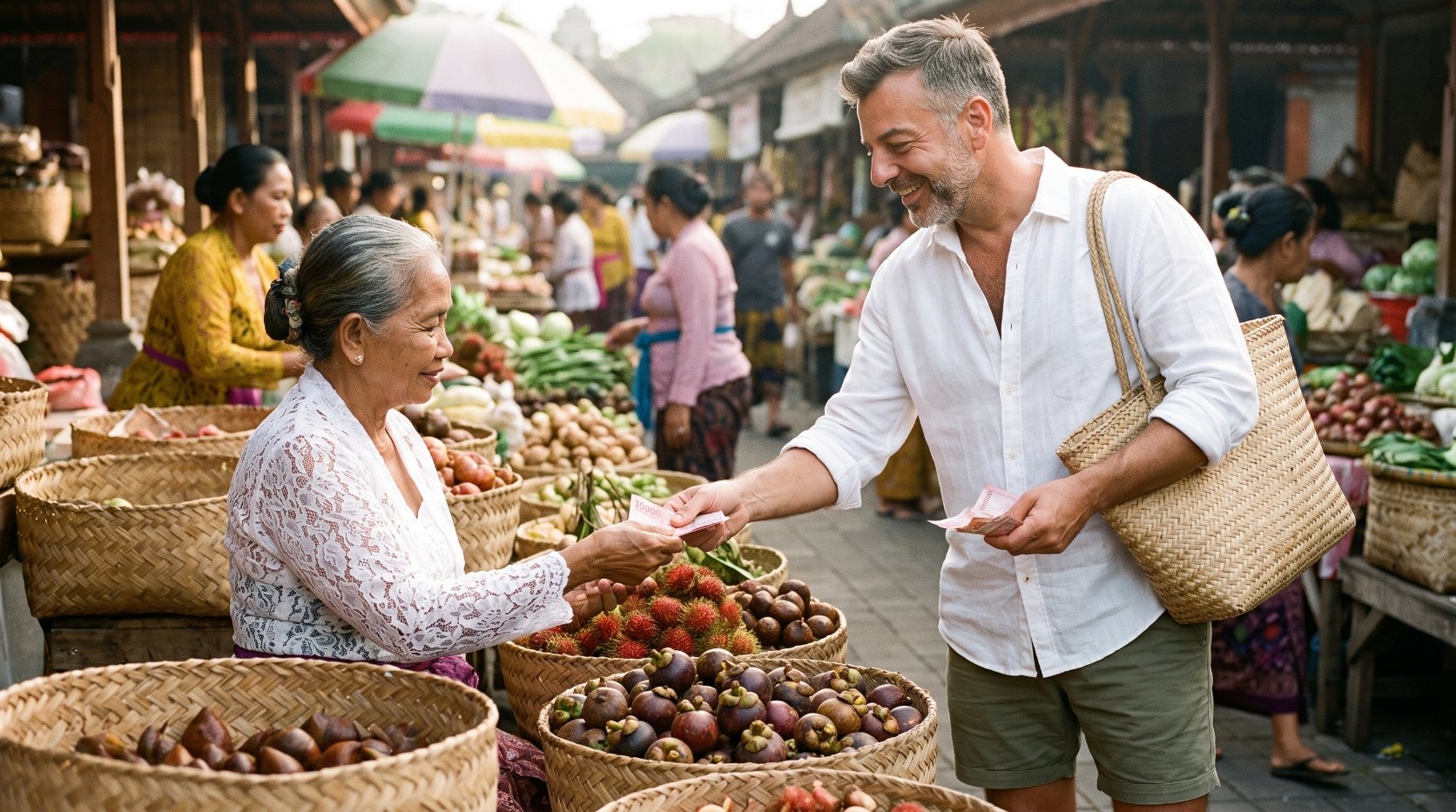 Emre Konuralp buying tropical fruit at a traditional morning market in Bali — AI editorial illustration