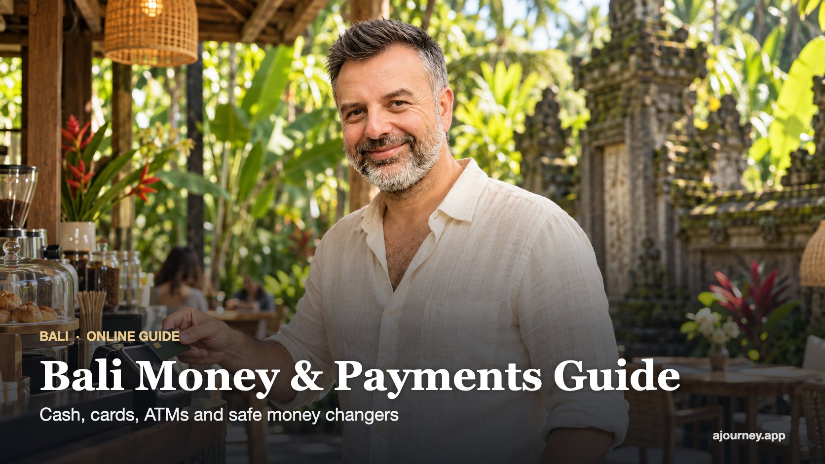 Bali Money and Payments Guide cover featuring Emre Konuralp paying by card in Bali — AI editorial illustration