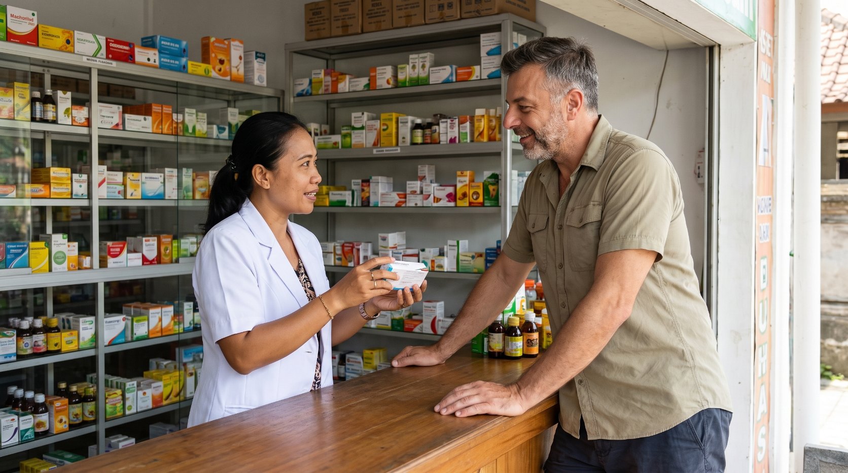 Emre Konuralp speaking with a pharmacist at an apotek in Bali — AI editorial illustration