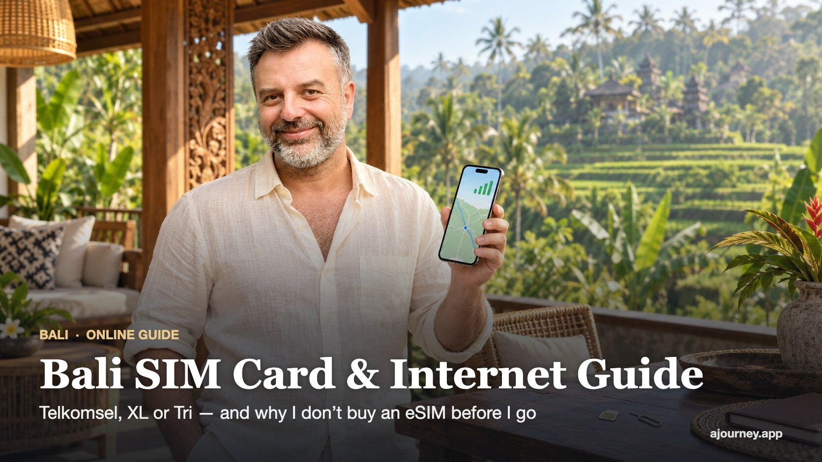 غلاف «دليل بطاقات SIM والإنترنت في بالي» الذي يظهر فيه إيمري كونورالب وهو يحمل هاتفه في أوبود — رسم توضيحي تحريري باستخدام الذكاء الاصطناعي