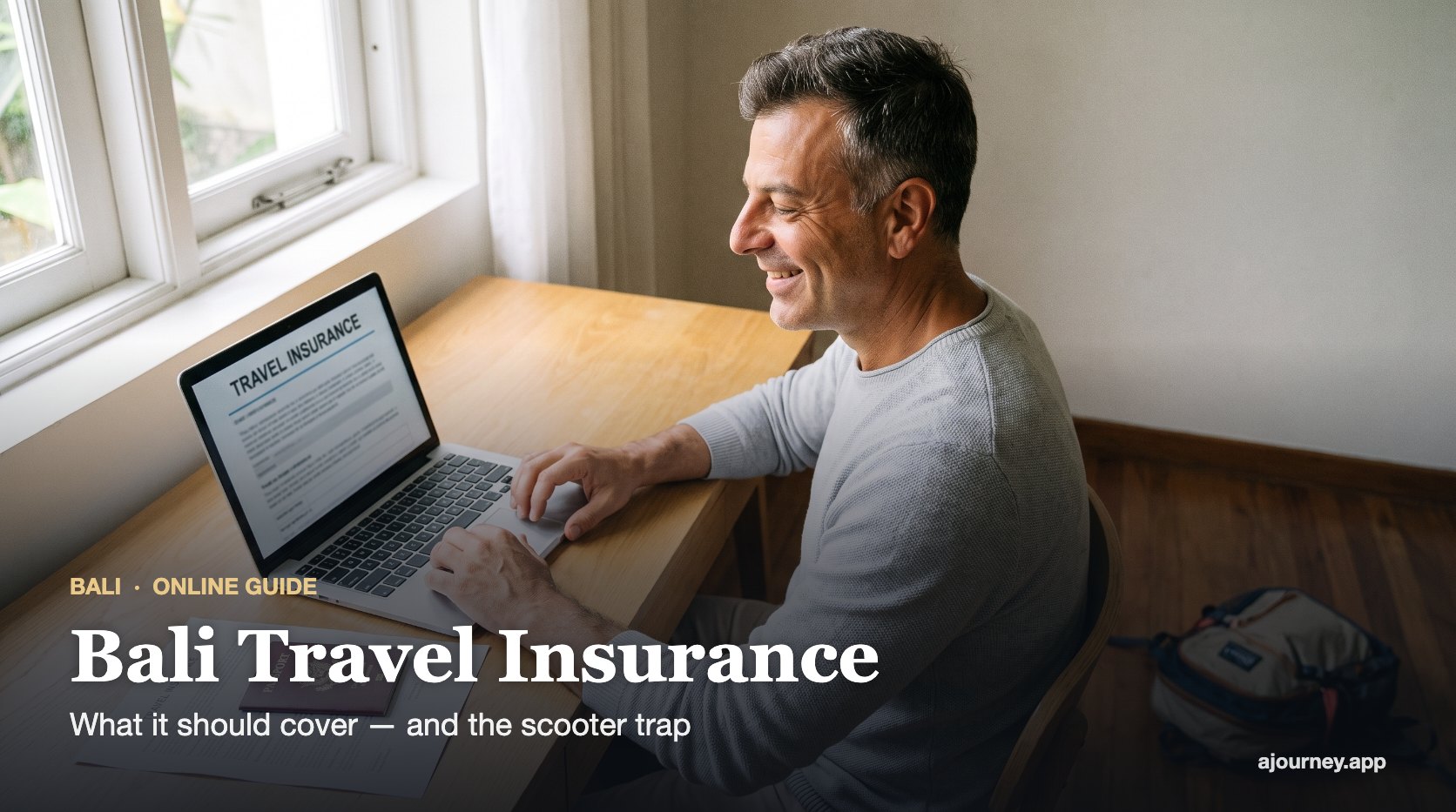 Bali Travel Insurance guide cover featuring Emre Konuralp reviewing his policy before the trip — AI editorial illustration