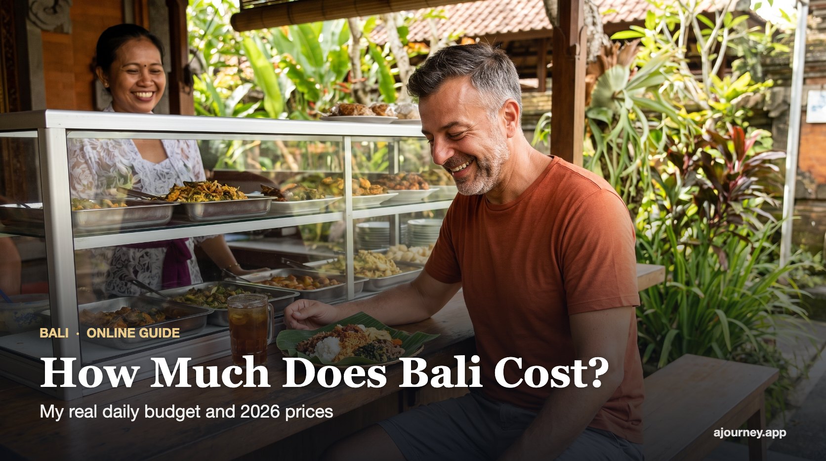 Bali trip cost guide cover: Emre Konuralp eating nasi campur at a local warung in Ubud — AI editorial illustration