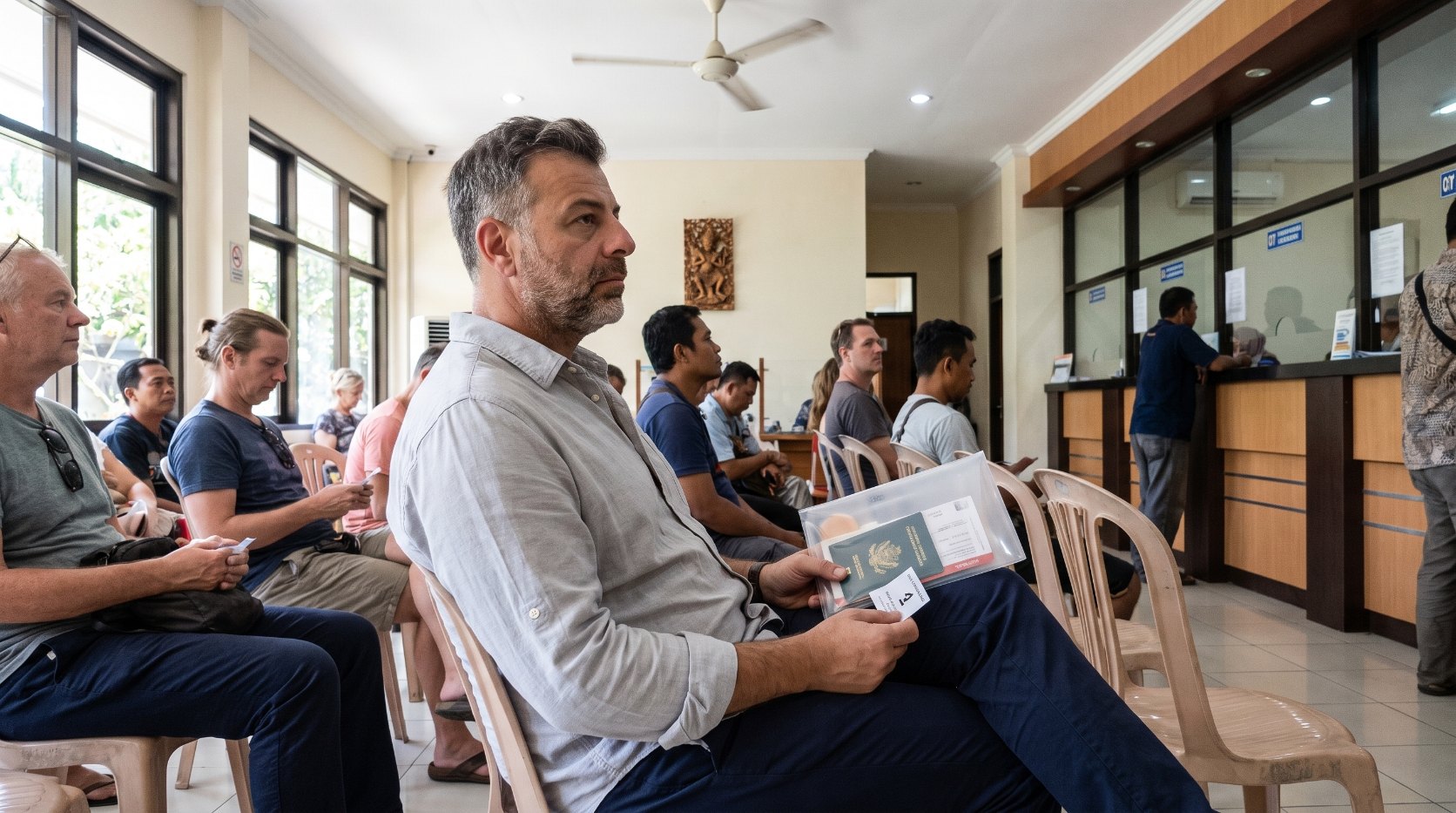 Emre Konuralp in attesa, con i suoi documenti, presso un ufficio immigrazione a Bali per ottenere la proroga del visto — Illustrazione editoriale realizzata con l'intelligenza artificiale