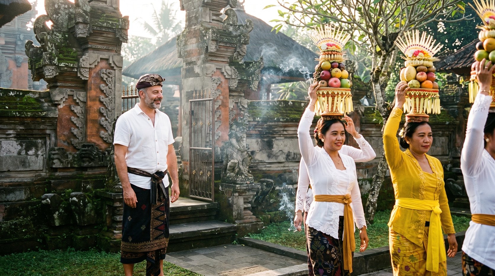 Emre Konuralp respectfully watching a temple offering procession in Bali — AI editorial illustration