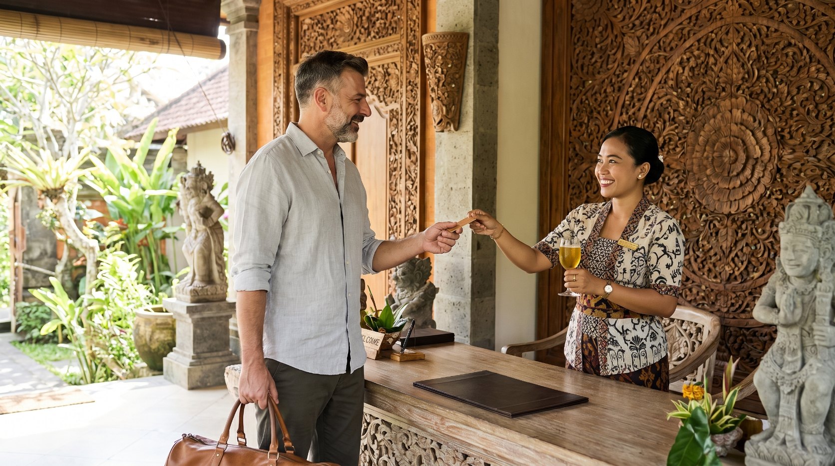 Emre Konuralp checking in at a boutique hotel in Bali — AI editorial illustration