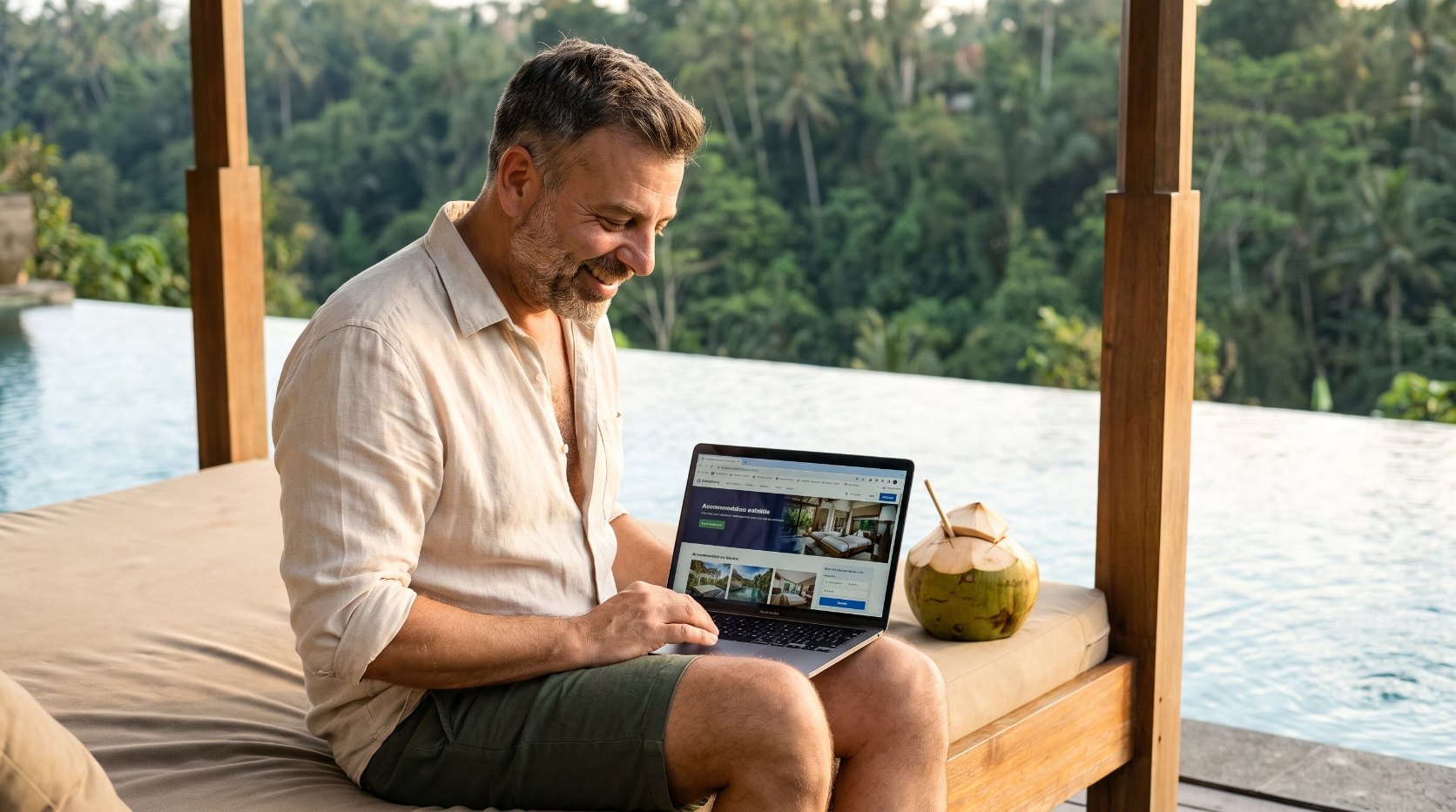 Emre Konuralp browsing accommodation on a laptop by a pool in Ubud — AI editorial illustration