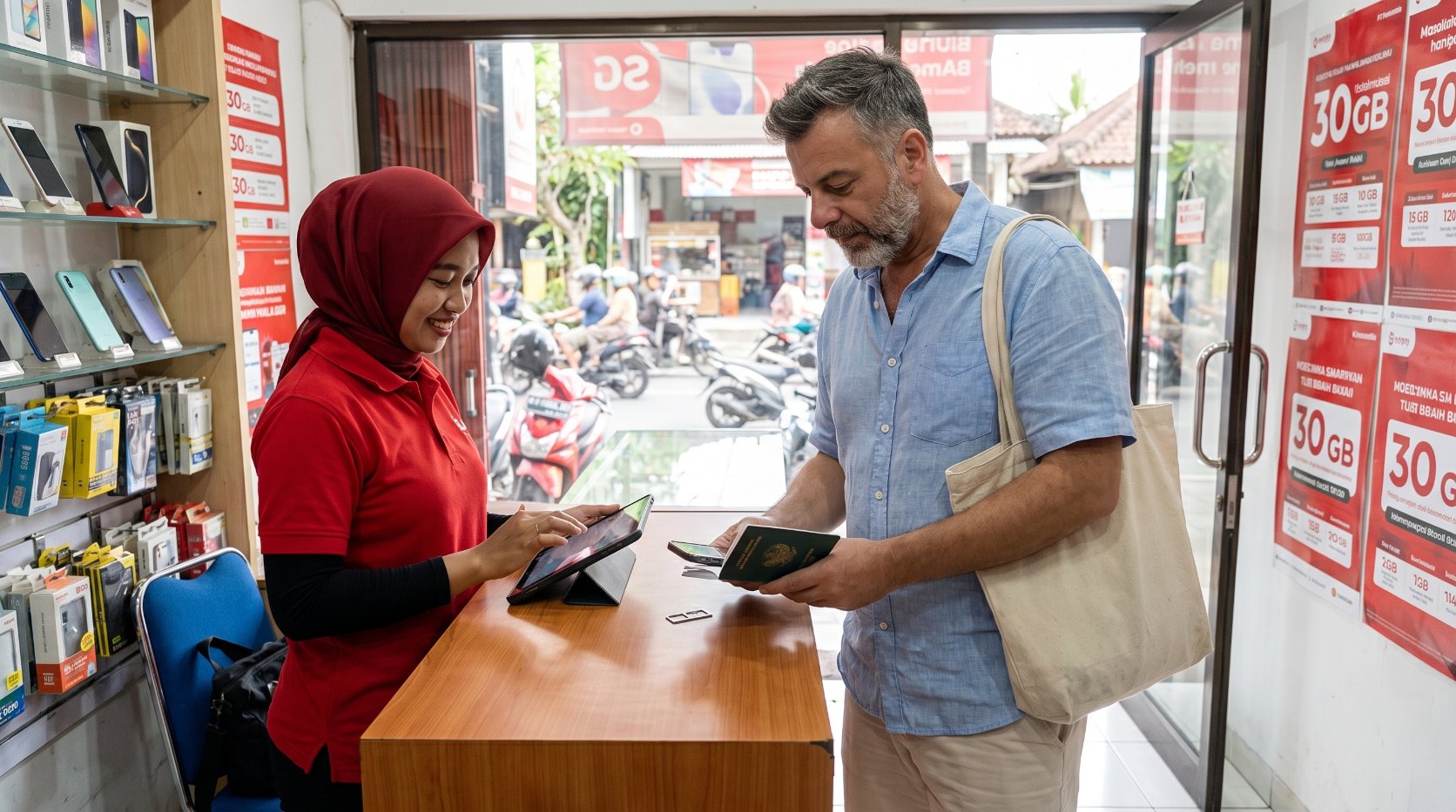 إيمري كونورالب يقوم بتسجيل شريحة SIM جديدة باستخدام جواز سفره في متجر لإحدى شركات الاتصالات المحمولة في أوبود — رسم توضيحي تحريري باستخدام الذكاء الاصطناعي