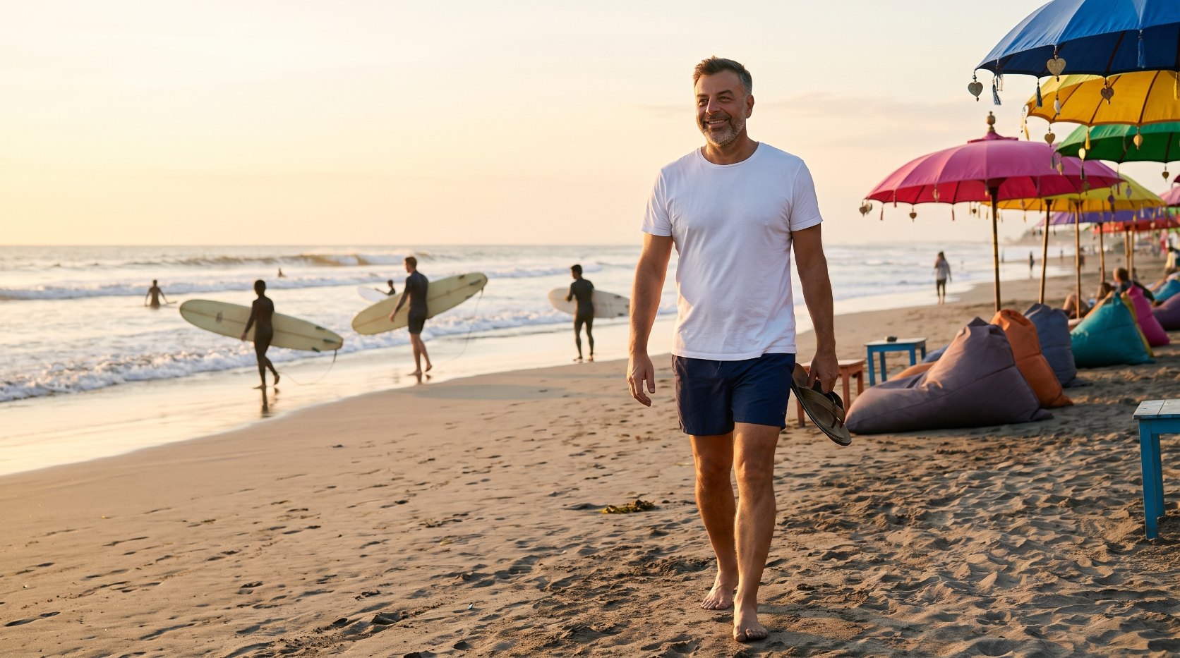 Emre Konuralp walking on Batu Bolong beach in Canggu at sunset — AI editorial illustration