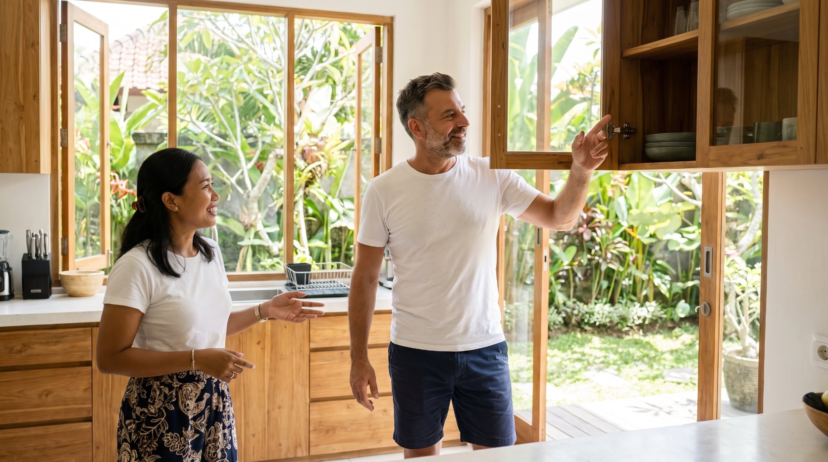 Emre Konuralp checking the closable kitchen of a villa in Bali — AI editorial illustration