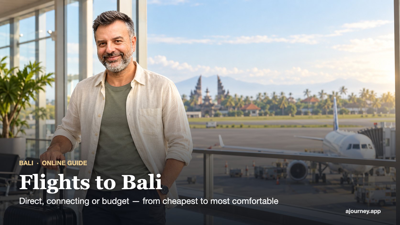 Titelbild des Leitfadens „Flüge nach Bali“ mit Emre Konuralp am Flughafen mit seinem Handgepäck – redaktionelle KI-Illustration