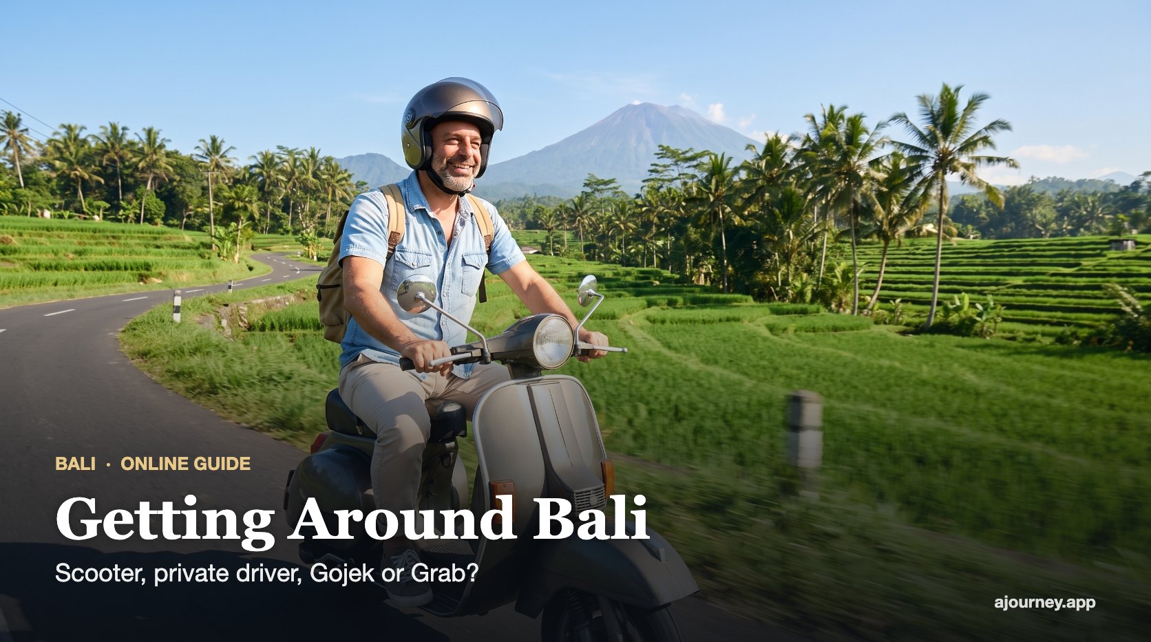 Getting Around Bali guide cover: Emre Konuralp riding a scooter with a helmet through rice fields — AI editorial illustration