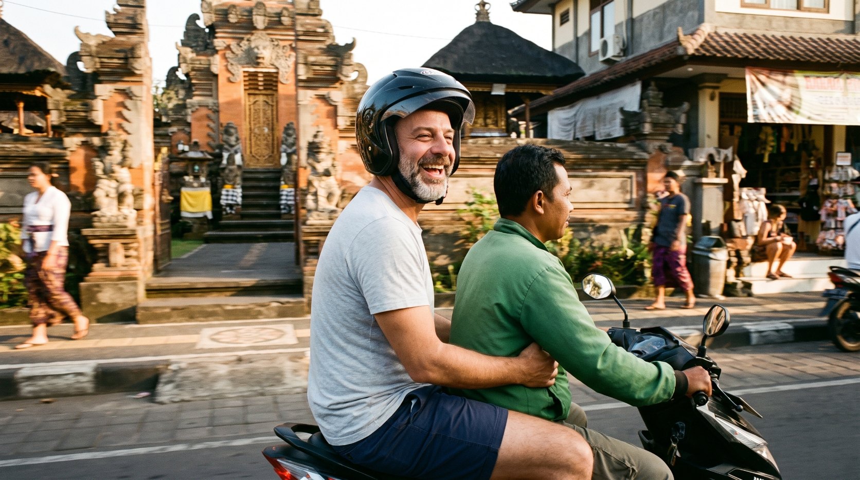 Emre Konuralp riding as a passenger on a motorbike taxi in Ubud — AI editorial illustration