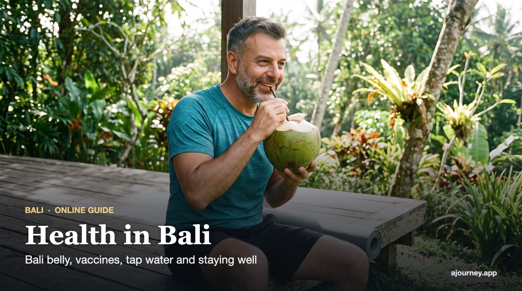 Health in Bali guide cover: Emre Konuralp drinking a fresh coconut after yoga in Ubud — AI editorial illustration