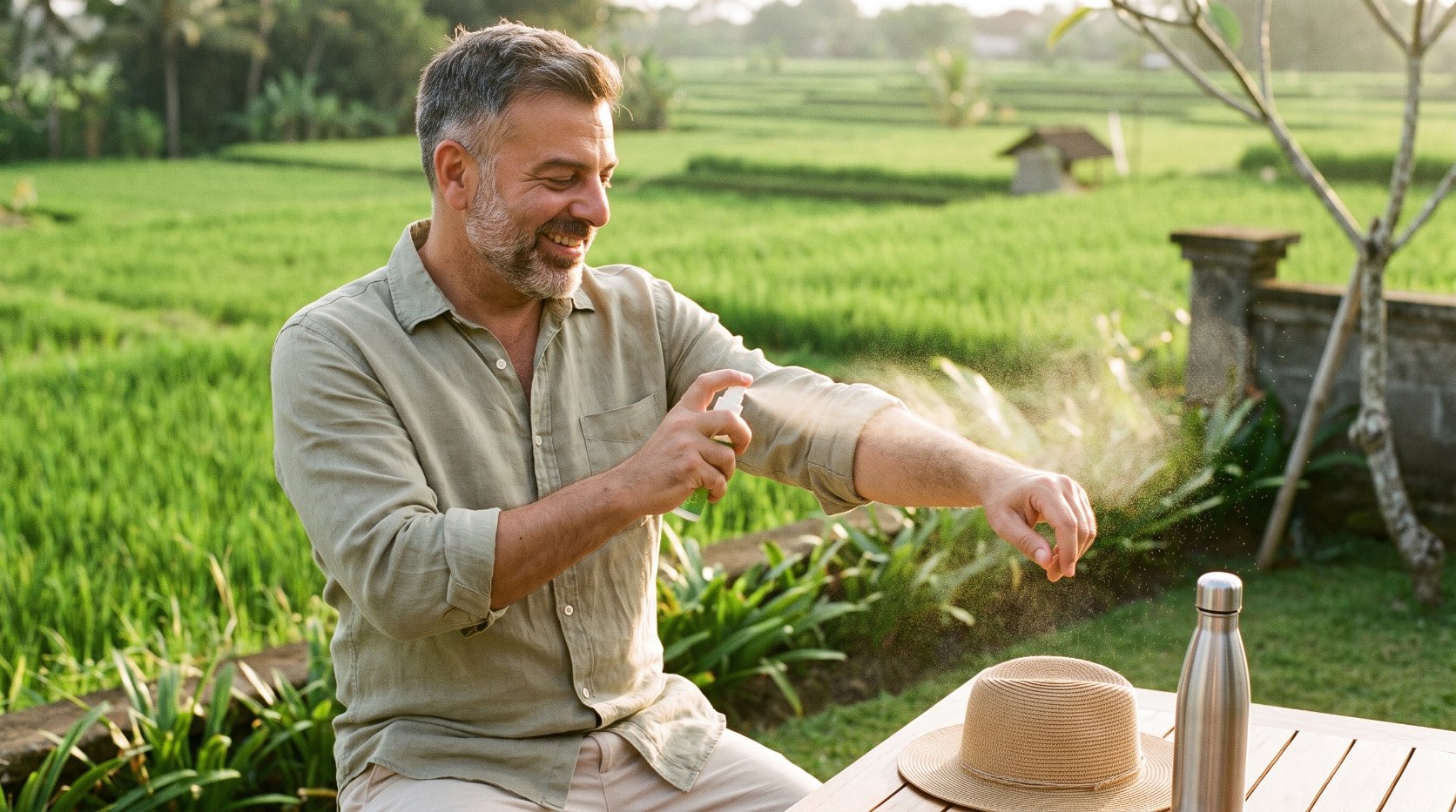 Emre Konuralp applying mosquito repellent on a terrace near rice fields in Bali — AI editorial illustration