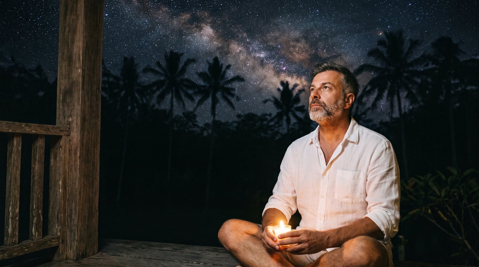 Emre Konuralp looking at the starry sky on Nyepi, Bali’s Day of Silence — AI editorial illustration