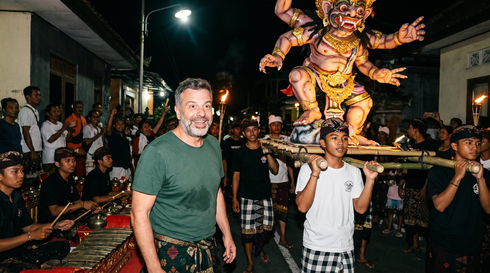 Emre Konuralp watching an ogoh-ogoh parade on the eve of Nyepi in Bali — AI editorial illustration